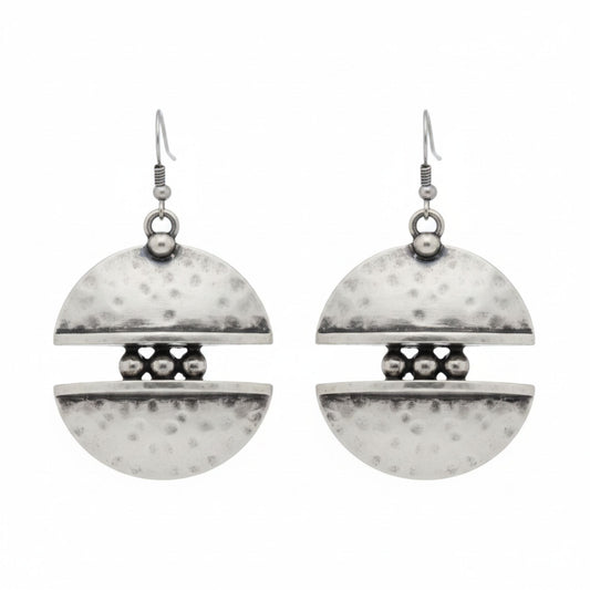 Pendientes Zamak Mujer Plateado Disco Partido Doble Semiluna Martillado. Joyeria Osnor