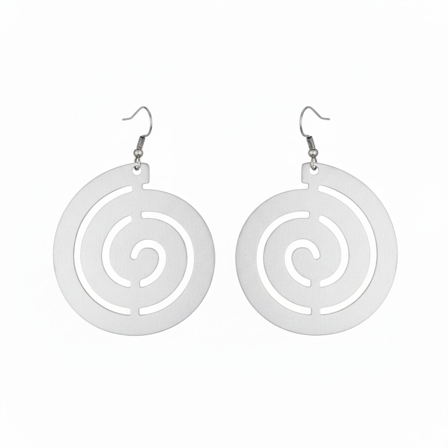Pendientes Zamak Plateado Disco Circular con Espiral Laberinto Calada.Joyeria Osnor