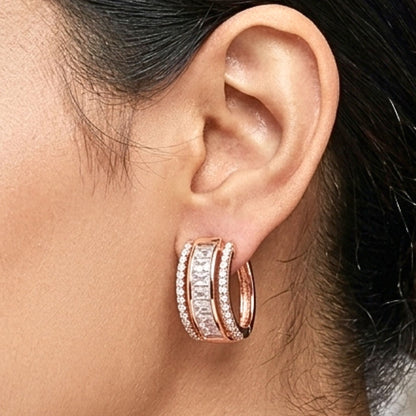 Pendiente acero inoxidable rosa mujer aro argollas Circonitas blancas engastadas diseño joyería osnor moda moderno elegante boda fiesta fashion glamour lujo 