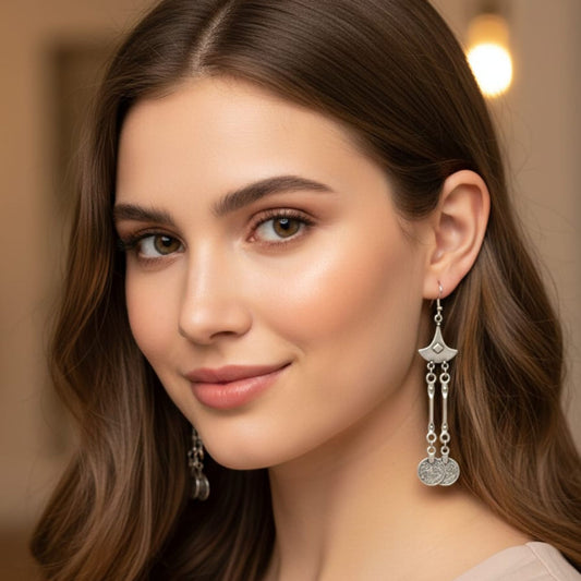 Pendientes largos de zamak con flecos puestos - Joyería boho étnica elegante - Joyería Osnor
