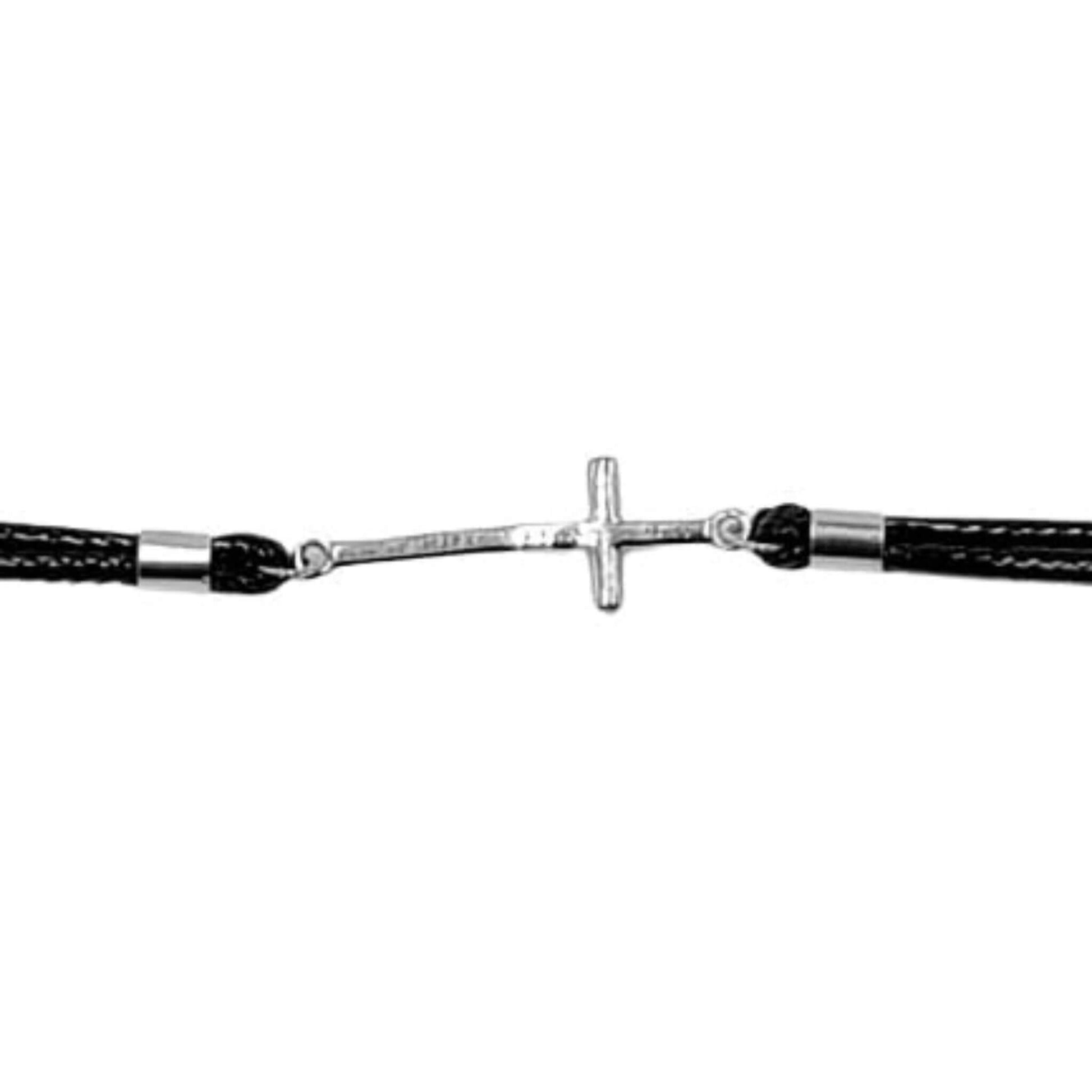 Pulsera Cordón Negro Trenzado con Cruz de Plata Rodio. Joyeria Osnor