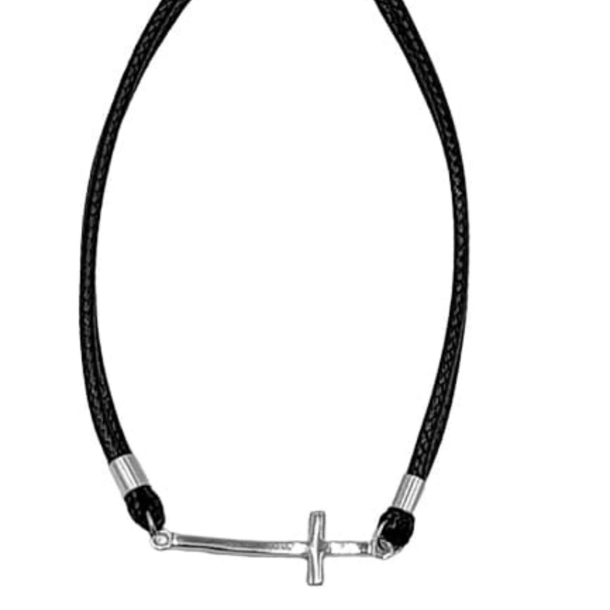 Pulsera Cordón Negro Trenzado con Cruz de Plata Rodio. Joyeria Osnor