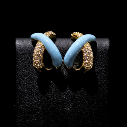 Pendientes Aros Acero Chapado Oro 14K | Circonitas Blancas y Cerámica Azul