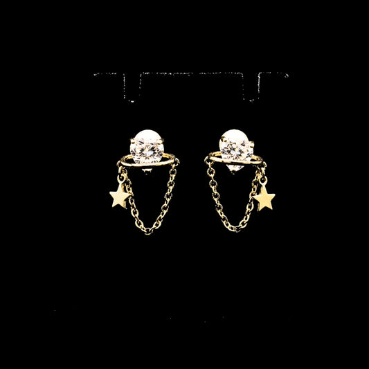Pendientes Cadena Estrella con Circonita –Acero Chapado Oro 14K