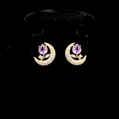 Pendientes Media Luna Tulipán · Circonita Violeta · Chapado Oro 14K