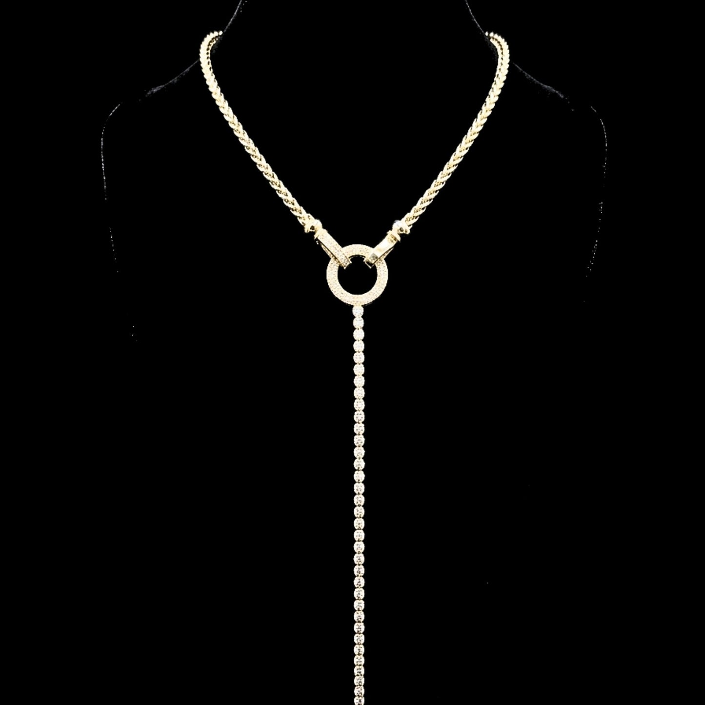 Collar Acero Chapado 14k Lariat Cadena Trenzada con Colgante Circular y Circonitas Blancas