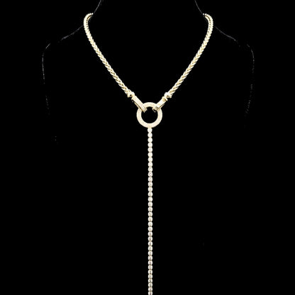 Collar Acero Chapado 14k Lariat Cadena Trenzada con Colgante Circular y Circonitas Blancas