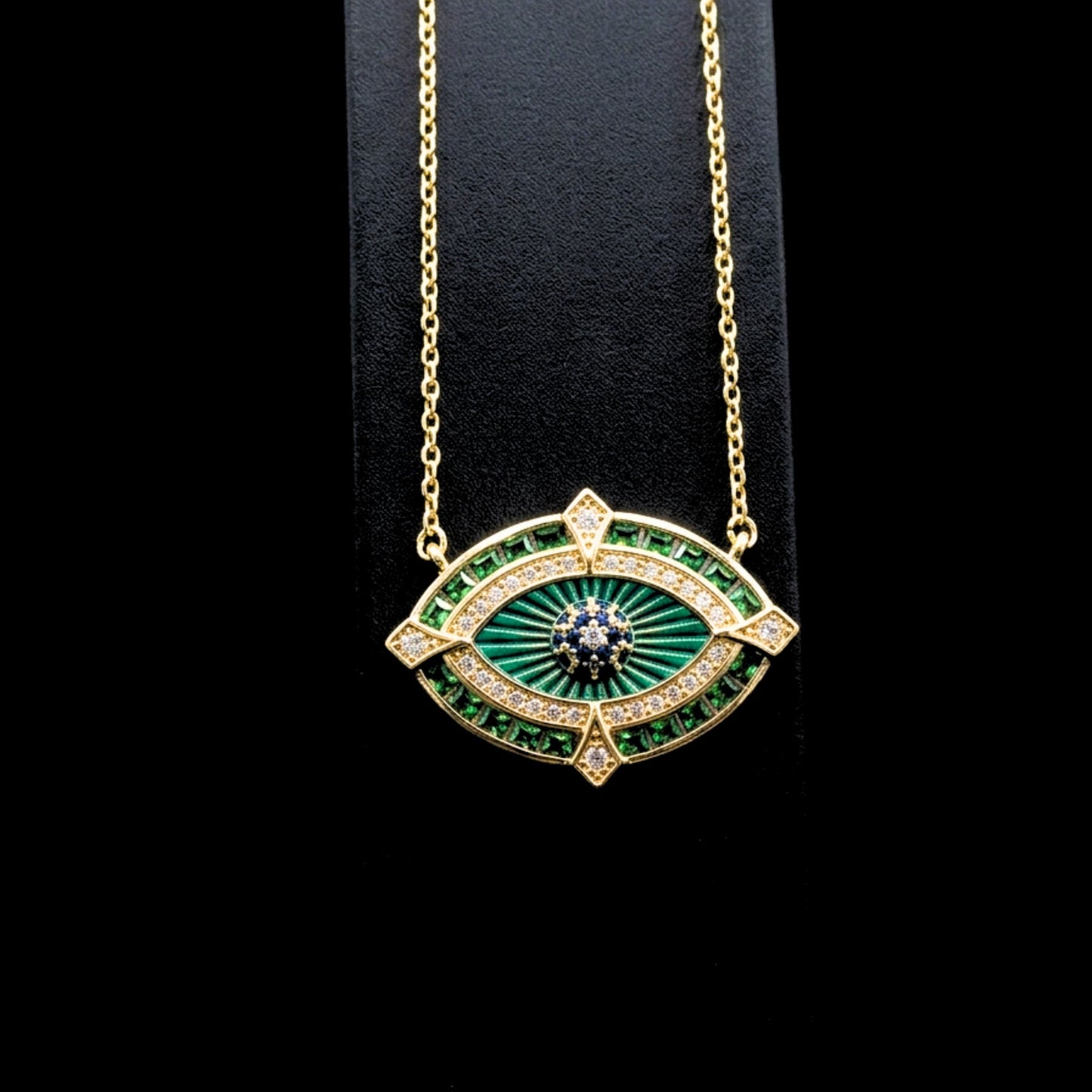 Collar Ojo de la Suerte Circonitas Verdes y Blancas Acero Chapado Oro 14K