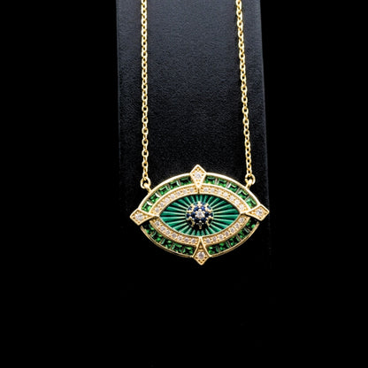 Collar Ojo de la Suerte Circonitas Verdes y Blancas Acero Chapado Oro 14K