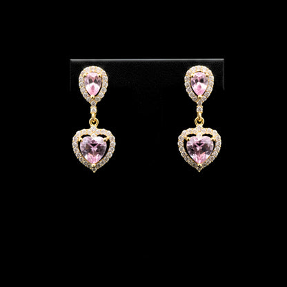 Pendientes Corazón Circonita Rosa de Francia | Chapado Oro 14K