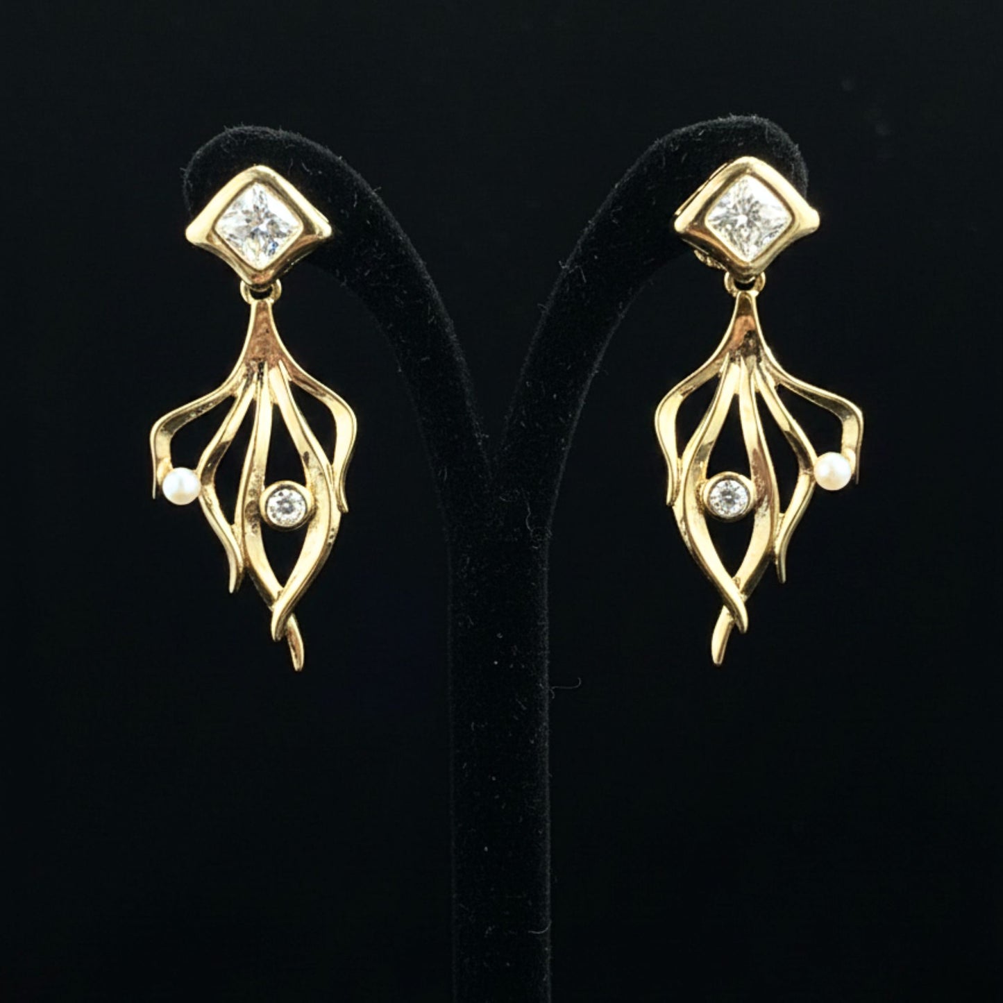 Pendientes Colgantes Dorados con Circonitas y Perlas Boda & Fiesta