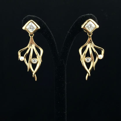 Pendientes Colgantes Dorados con Circonitas y Perlas Boda & Fiesta