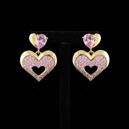 Pendientes Corazón Colgante Acero Chapado Oro 14K | Circonitas Rosas y Blancas
