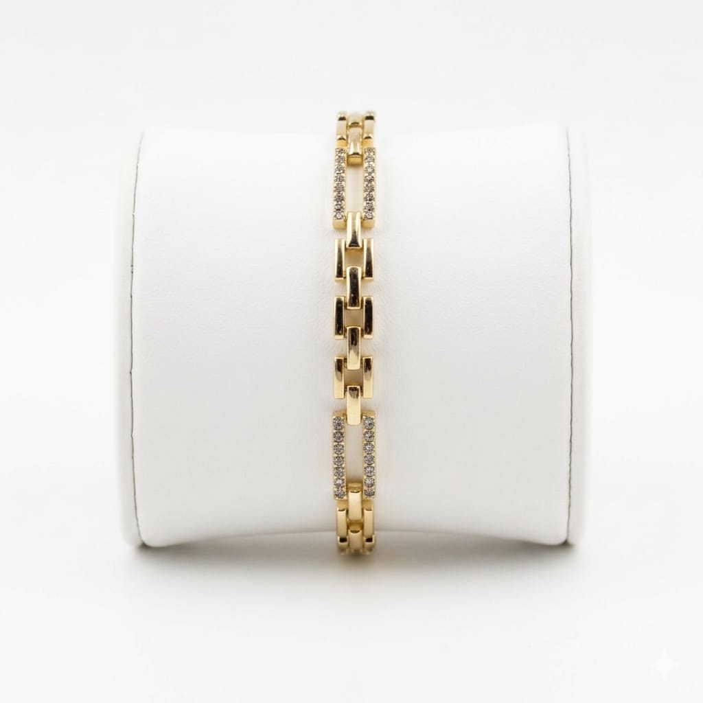 Pulsera Brazalete Eslabón Cartier Dorado con Circonitas Blancas Acero Inoxidable Chapado Oro 14K