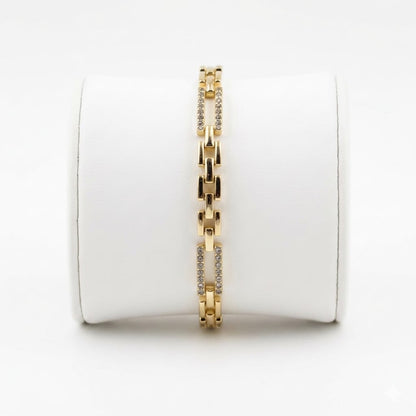 Pulsera Brazalete Eslabón Cartier Dorado con Circonitas Blancas Acero Inoxidable Chapado Oro 14K