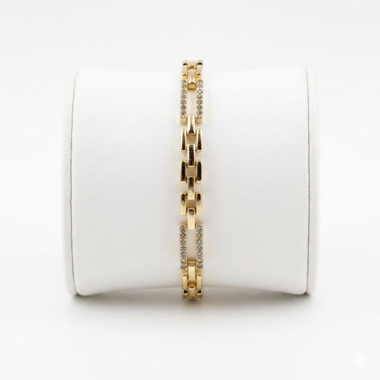 Pulsera Brazalete Eslabón Cartier Dorado con Circonitas Blancas Acero Inoxidable Chapado Oro 14K