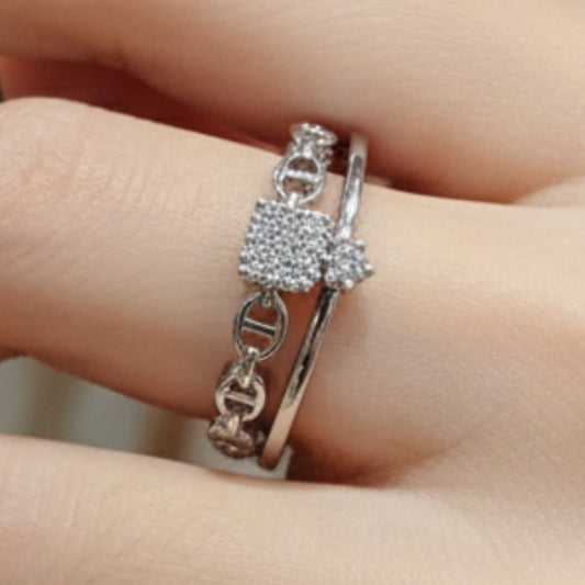 Anillo Cadena Circonitas Ajustable | Acero Plateado