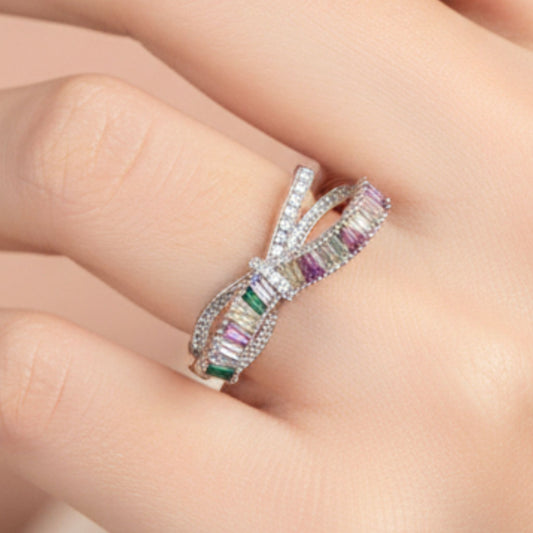 Anillo Sortija Infinito Multicolor Circonitas Baguette | Acero Plateado