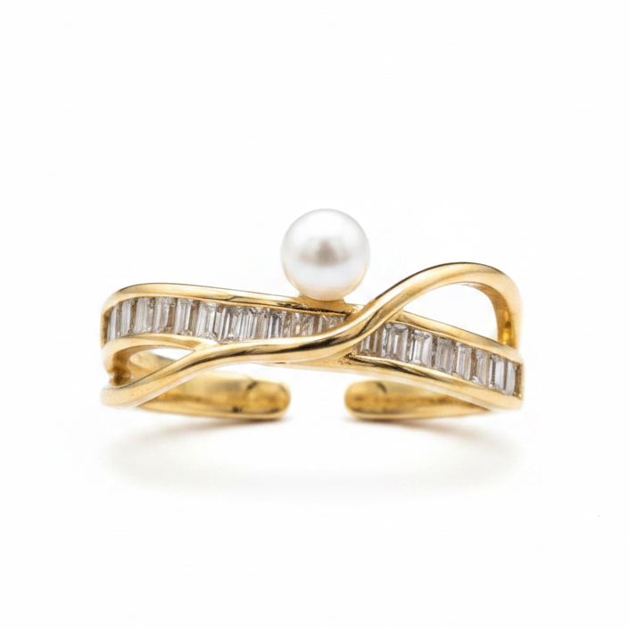 Anillo perla y cristales sobre fondo blanco