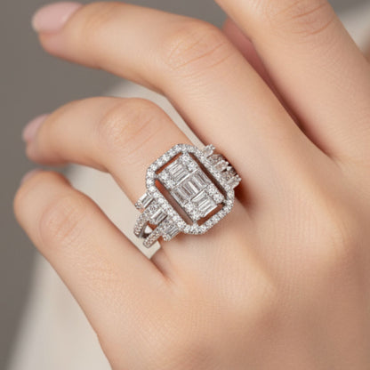 Anillo Sortija Glamour Baguette – Acero Inoxidable Plateado con Circonitas Blancas