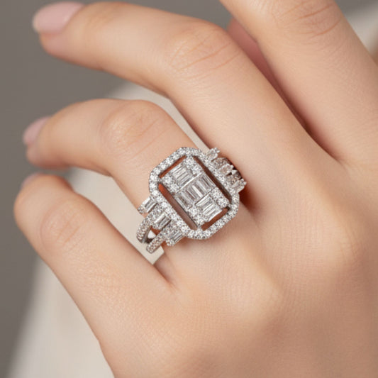 Anillo Sortija Glamour Baguette – Acero Inoxidable Plateado con Circonitas Blancas