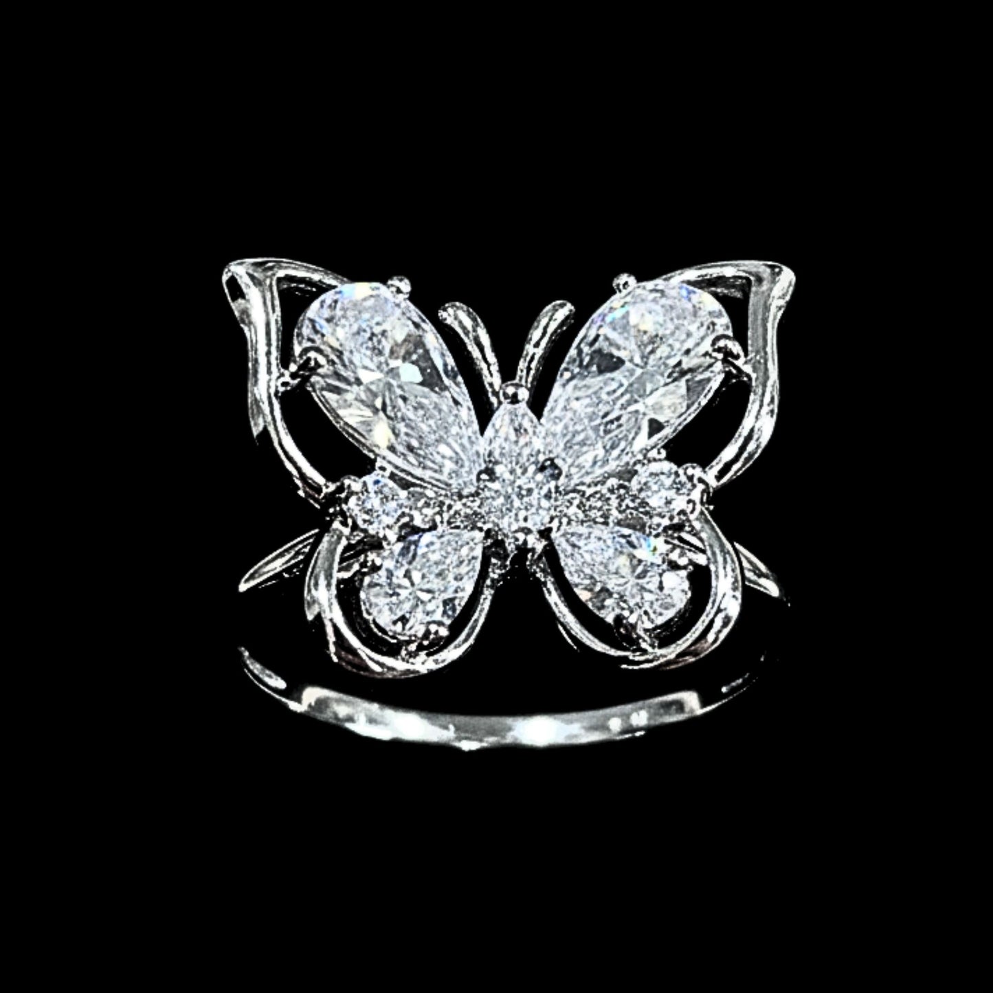 Anillo Mariposa con Circonitas Blancas Acero Plateado Ajustable