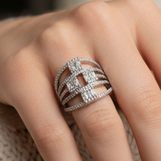 Anillo Sortija Ancha Glamour | Acero Inoxidable Plateado | Mujer