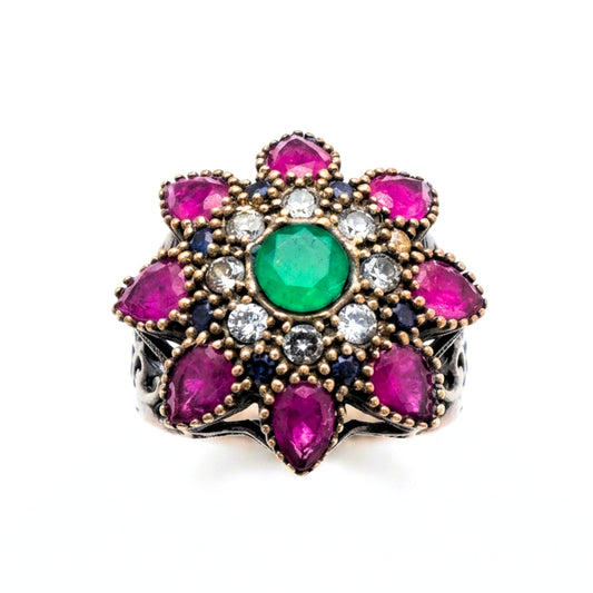 Anillo Sortija mujer de plata y bronce piedras naturales minerales vintage volumen arte escultura artesanía diseño joyería osnor moda moderno elegante boda fiesta glamour lujo elegante diario exclusivo 