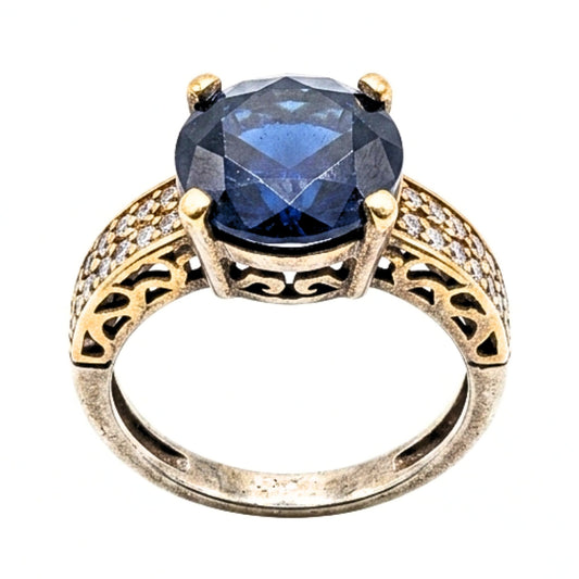 Anillo Sortija mujer de plata y bronce piedras naturales ágata azul marino y Circonitas blancas cúbicas vintage volumen diseño joyería osnor moda moderno elegante boda fiesta fashion glamour lujo exclusivo único 