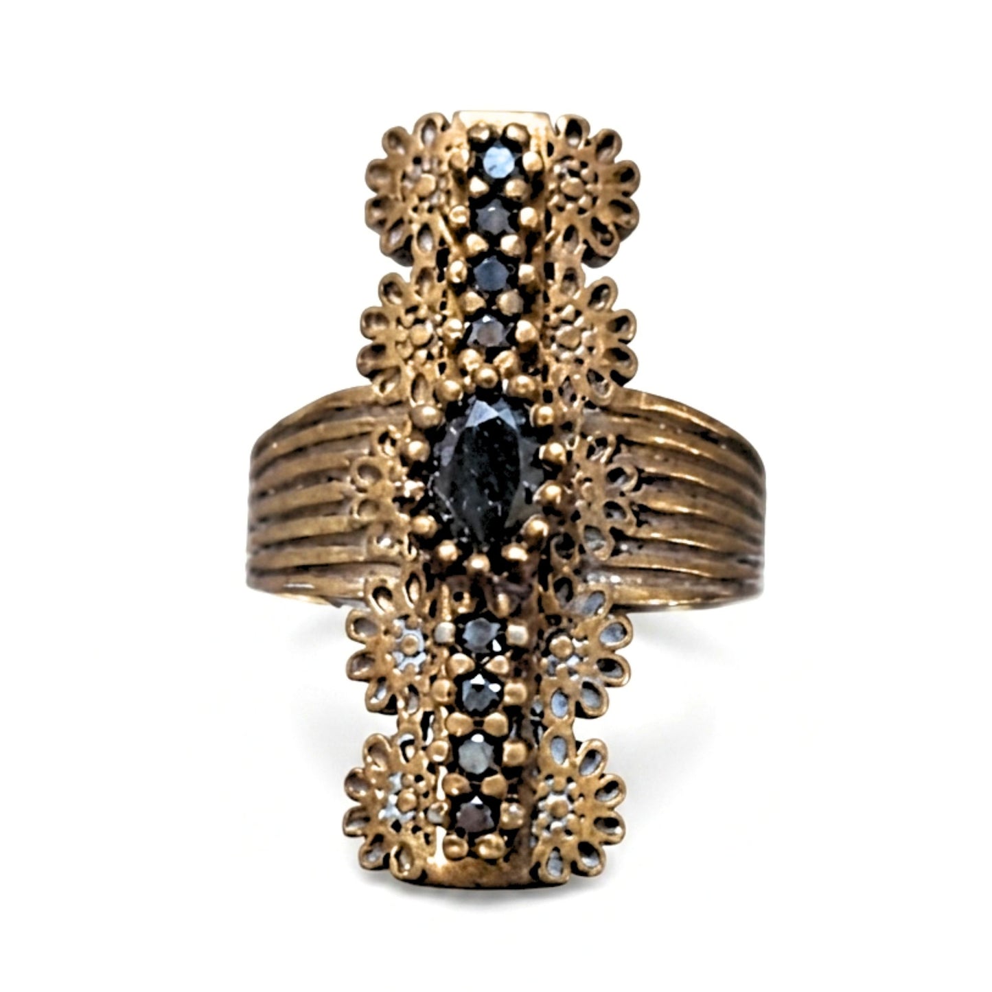 Anillo Sortija mujer de plata y bronce piedras naturales ágata azul marino diseño joyería osnor moda moderno elegante boda fiesta fashion glamour lujo exclusivo vintage envejecido volumen 