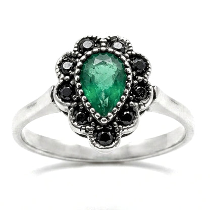 Anillo Sortija mujer de plata y piedras naturales ágata verde central marquesitas vintage volumen diseño joyería osnor moda moderno elegante boda fiesta fashion glamour lujo exclusivo único 