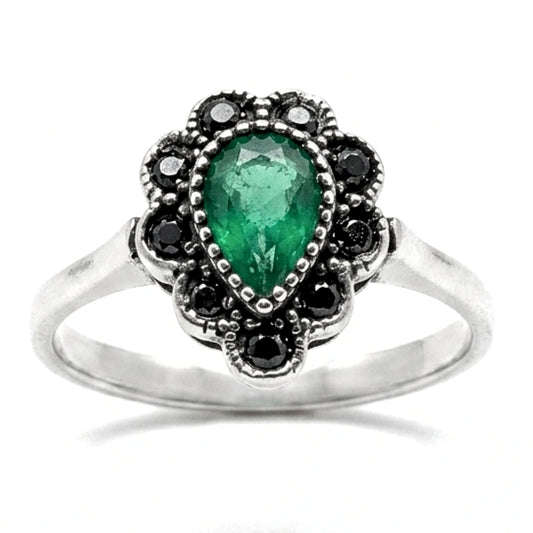Anillo Sortija mujer de plata y piedras naturales ágata verde central marquesitas vintage volumen diseño joyería osnor moda moderno elegante boda fiesta fashion glamour lujo exclusivo único 