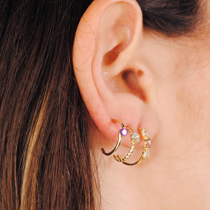18K PENDIENTES ORO AMARILLO MEDIO ARO AMATISTA TALLA MARQUISE. 15X2 MM PRESION