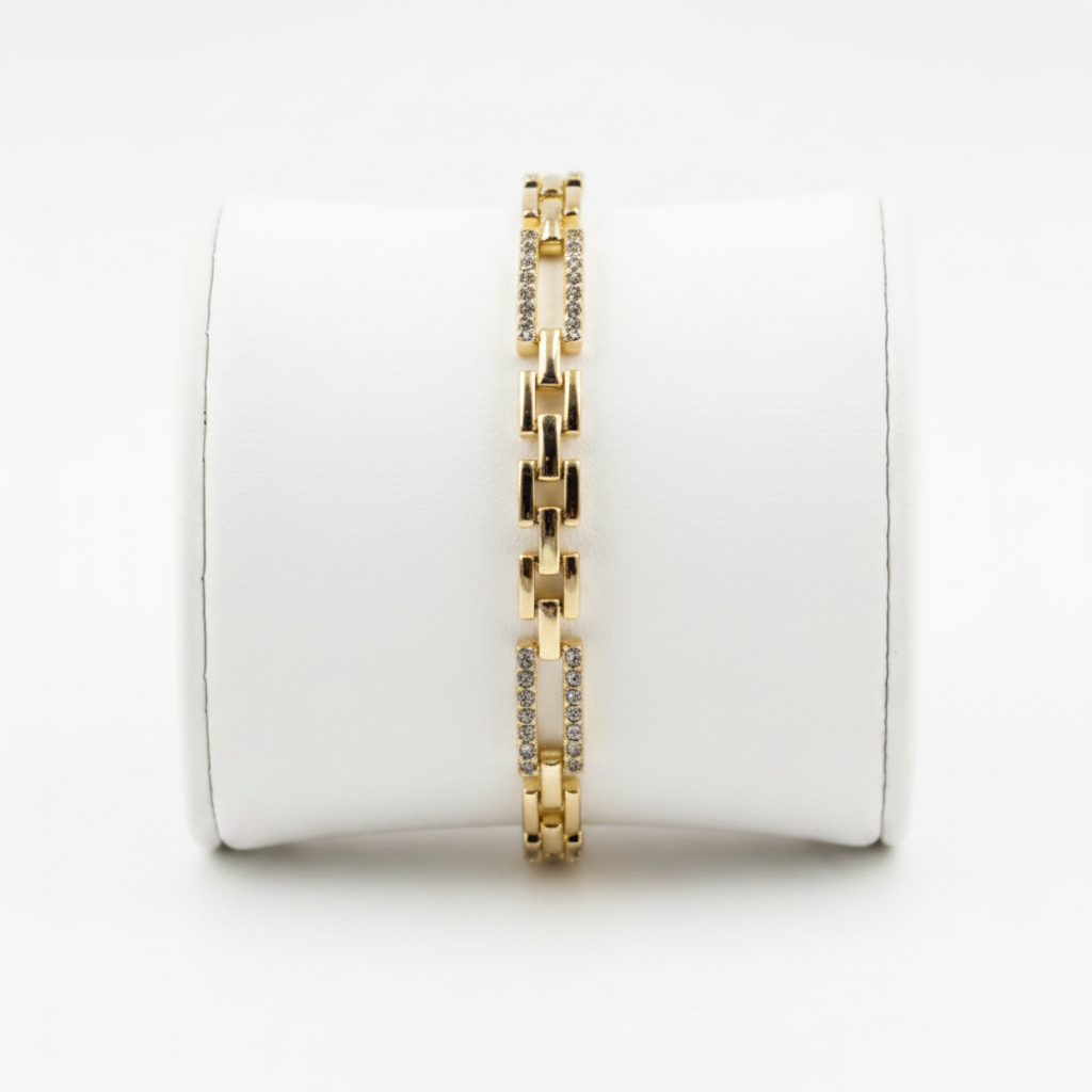 Pulsera Brazalete Eslabón Cartier Dorado con Circonitas Blancas Acero Inoxidable Chapado Oro 14K