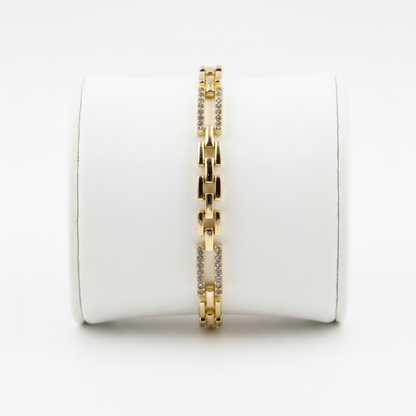 Pulsera Brazalete Eslabón Cartier Dorado con Circonitas Blancas Acero Inoxidable Chapado Oro 14K