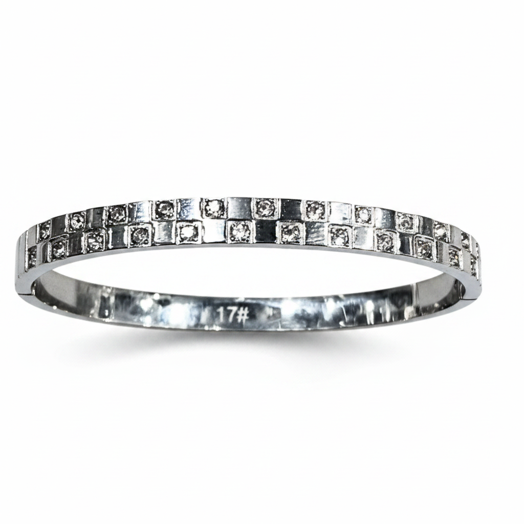 Brazalete fondo blanco acero plateado circonitas diseño joyeria osnor