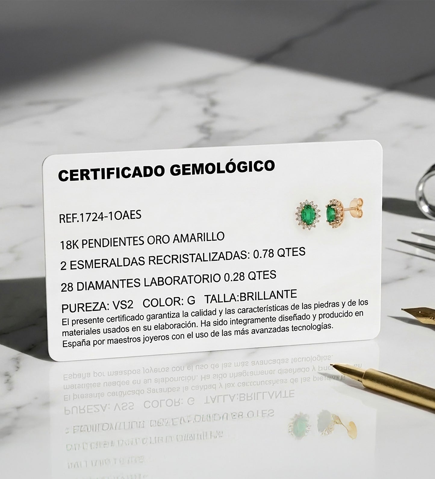 18K PENDIENTES ORO AMARILLO 28 DIAMANTES DE LABORATORIO Y ESMERALDA RECRISTALIZADA 6X4 MM 0,78 QT 0,280QT VS2-G. 9,5X8 MM CIERRE PRESION