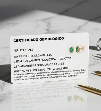 18K PENDIENTES ORO AMARILLO 28 DIAMANTES DE LABORATORIO Y ESMERALDA RECRISTALIZADA 6X4 MM 0,78 QT 0,280QT VS2-G. 9,5X8 MM CIERRE PRESION