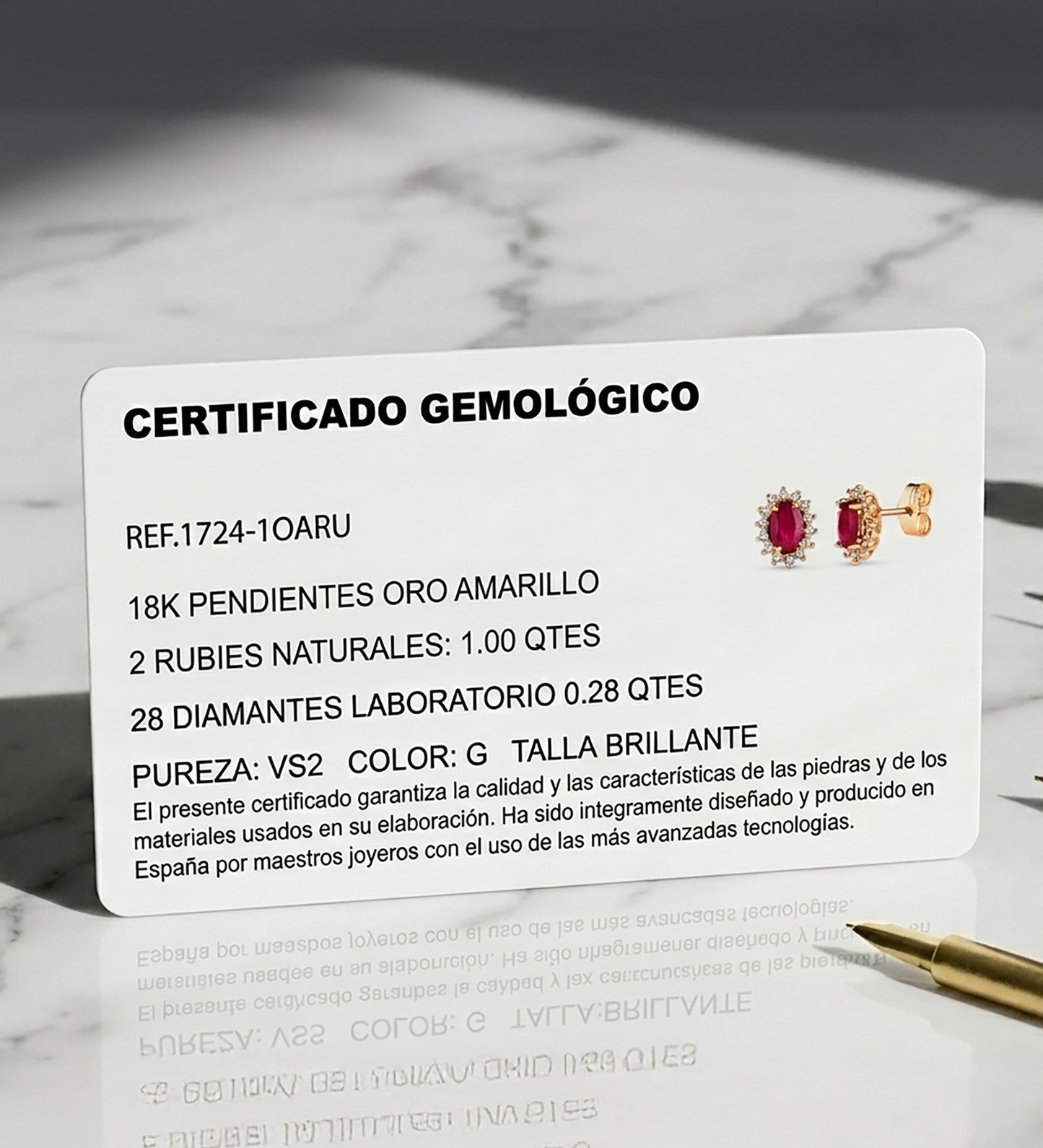 18K PENDIENTES ORO AMARILLO RUBI NATURAL 6X4 MM 1,00QT Y DIAMANTES LABORATORIO 0,280QT VS-2 G. 10X8 MM CIERRE PRESION