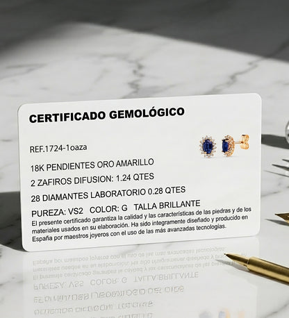 18K PENDIENTES ORO AMARILLO ZAFIRO DIFUSION 6X4 MM 1,24 QT Y 28 DIAMANTES LABORATORIO 0,280QT VS2-G. 9,5X8 MM CIERRE PRESION