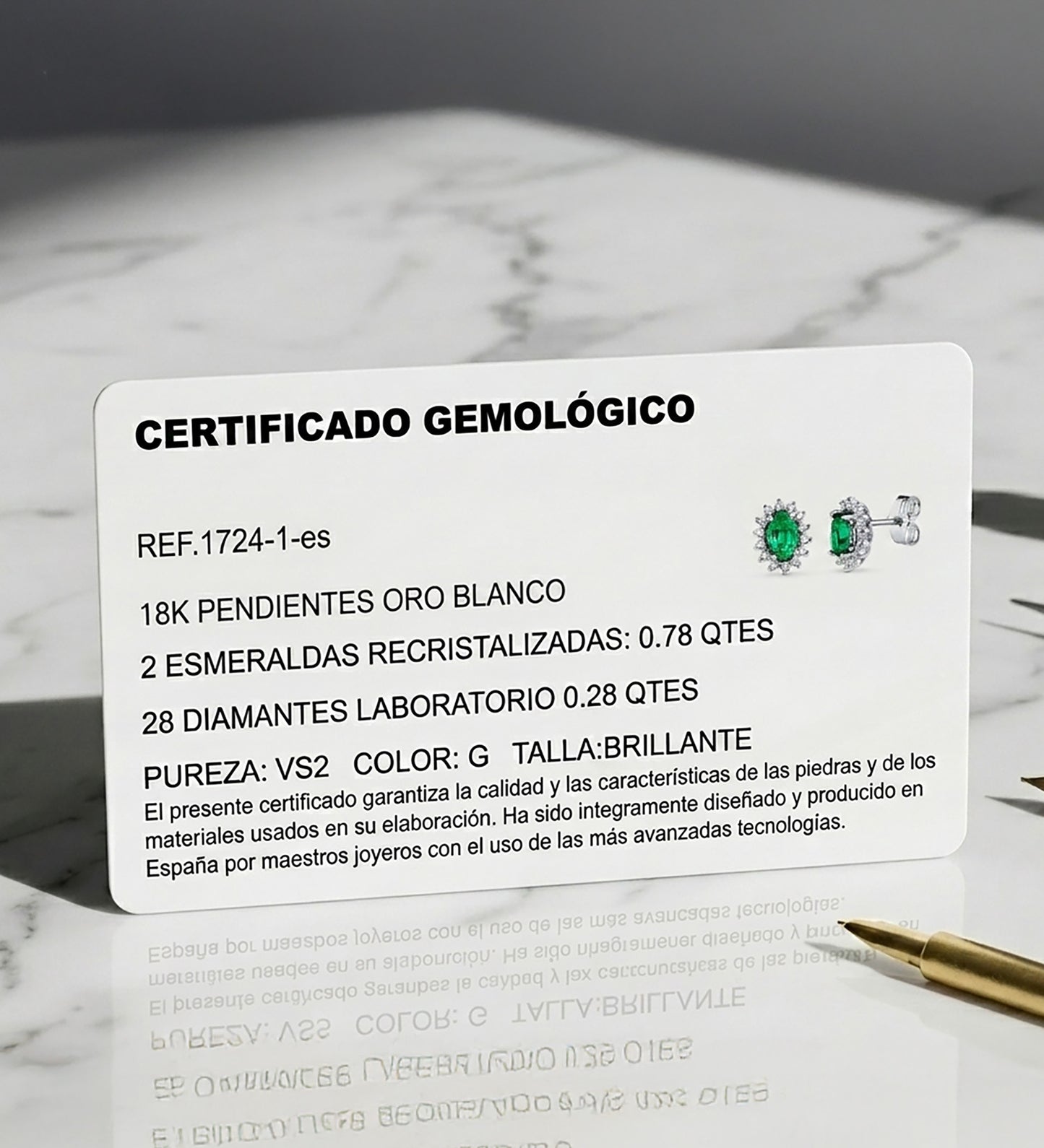 18K PENDIENTES ORO BLANCO 28 DIAMANTES DE LABORATORIO Y ESMERALDA RECRISTALIZADA 6X4 MM 0,78 QTS 0,28 QTS. VS2-G CIERRE PRESION 9,5X8 MM