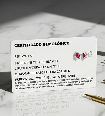 18K PENDIENTES ORO BLANCO 28 DIAMANTES LABORATORIO Y RUBI 6X4 MM 1,10 QT 0,28 QTS. VS2-G CIERRE PRESION 9,5X8 MM