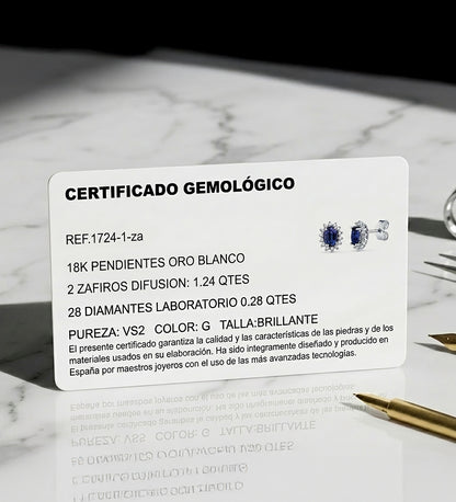 18K PENDIENTES ORO BLANCO 28 DIAMANTES LABORATORIO Y ZAFIRO DIFUSION 6X4 MM 1,24 QT. 0,28 QTS. VS2-G CIERRE PRESION 9,5X8 MM