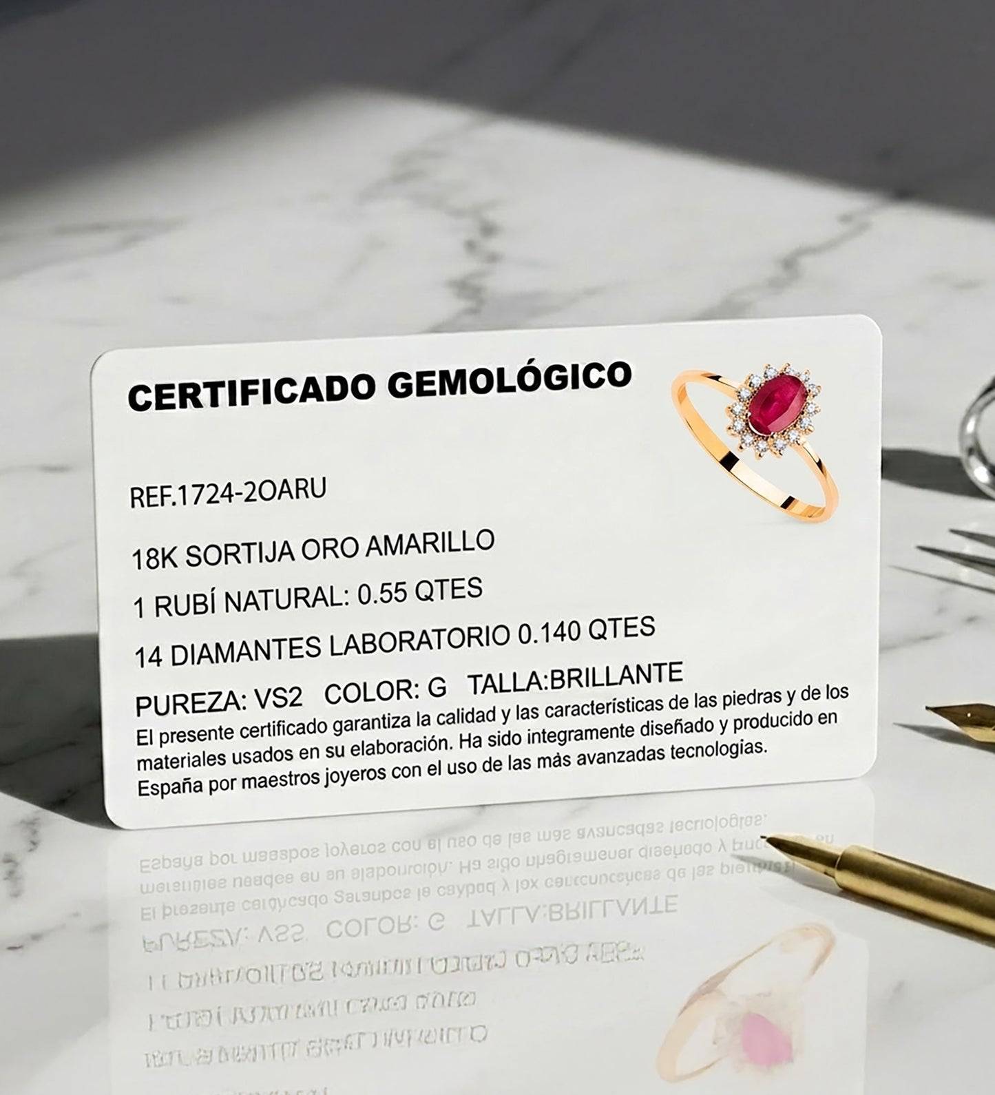 18K SORTIJA ORO AMARILLO RUBI 6x4 MM 0,55 QTS. DIAMANTES LABORATORIO 0,140 QTS. VS2-G. MEDIDA: 9,5X8 MM