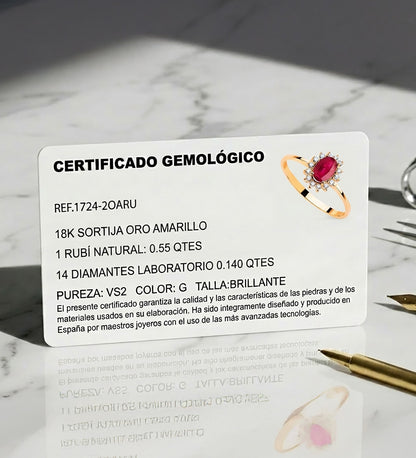 18K SORTIJA ORO AMARILLO RUBI 6x4 MM 0,55 QTS. DIAMANTES LABORATORIO 0,140 QTS. VS2-G. MEDIDA: 9,5X8 MM