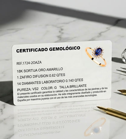 18K SORTIJA ORO AMARILLO DIAMANTES LABORATORIO 0,140 QTS. VS2-G 9 ZAFIRO DIFUSION 6x4 MM 0,62 QTS. 9,5 X 8 MM