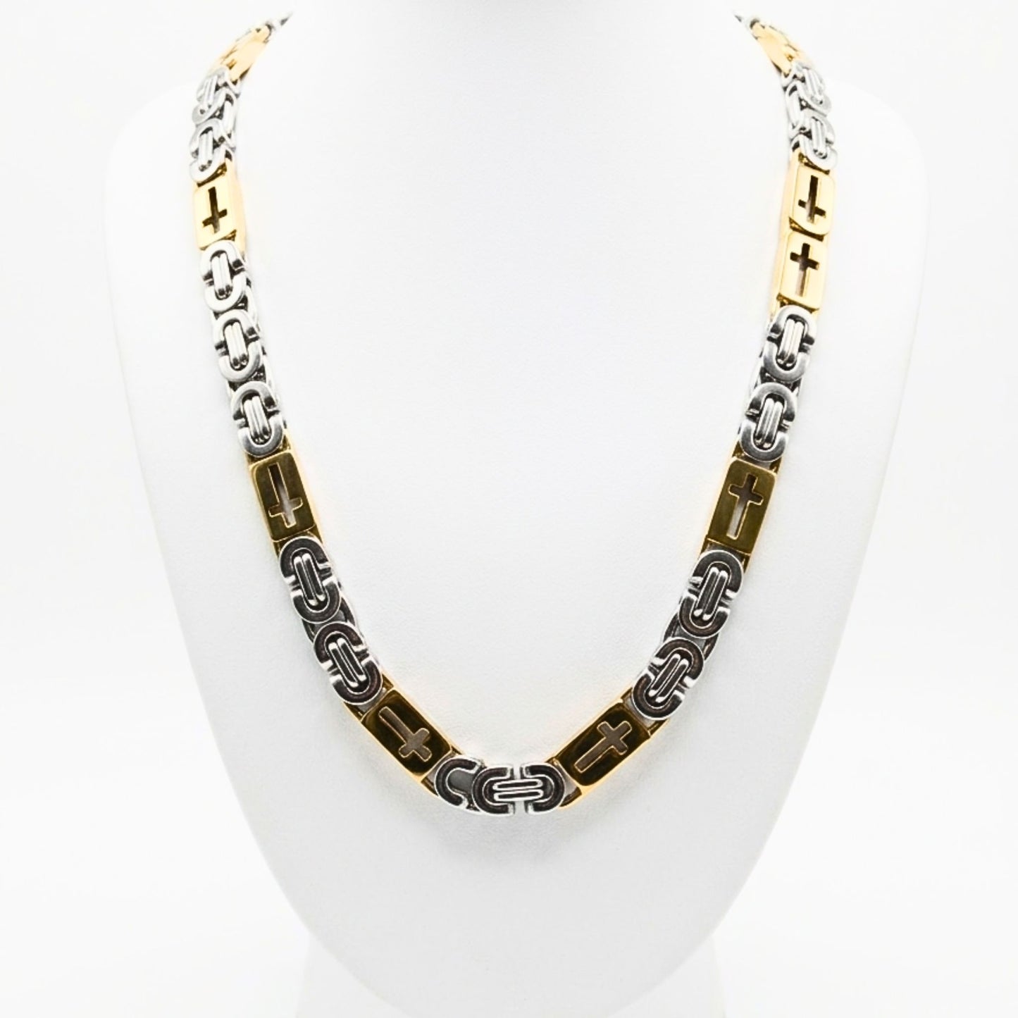 Cadena Acero inoxidable plateado y dorado bicolor unisex cierre mosquetón diseño joyería osnor cruz moda moderno fiesta fashion diario boda maciza 