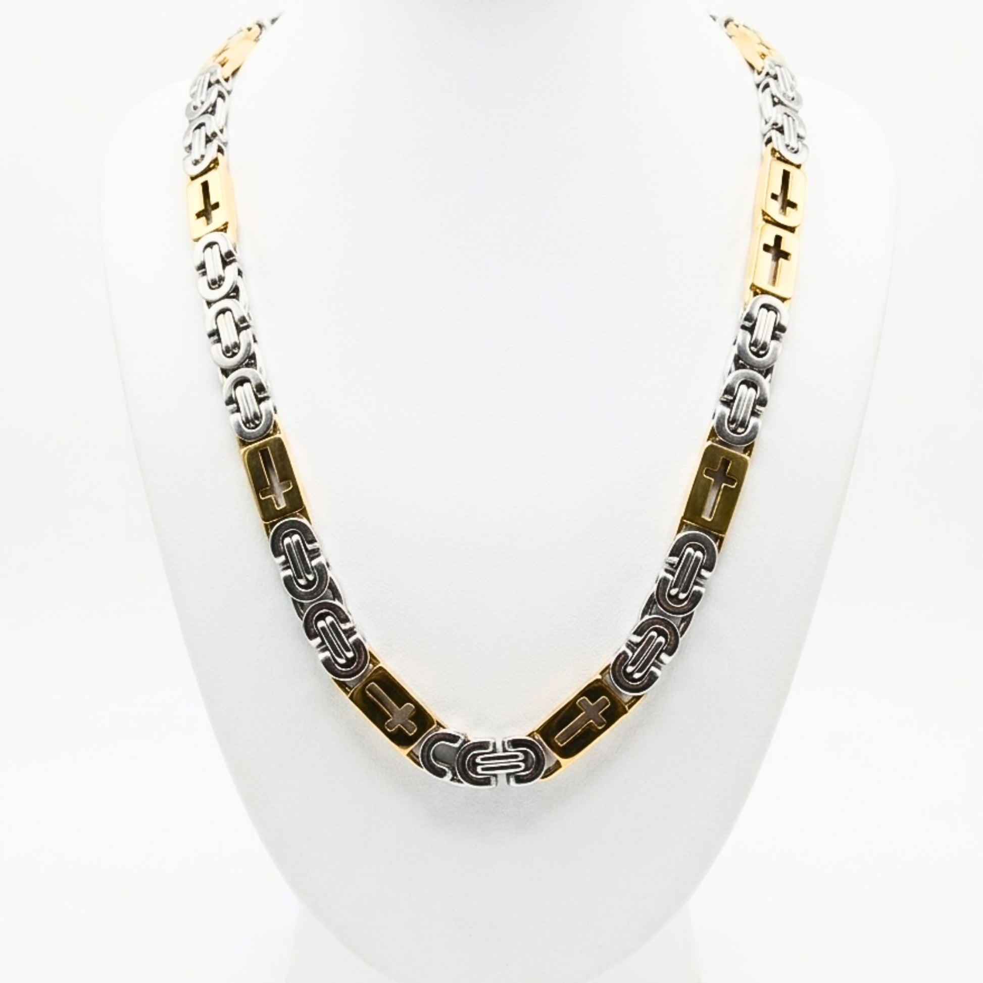 Cadena Acero inoxidable plateado y dorado bicolor unisex cierre mosquetón diseño joyería osnor cruz moda moderno fiesta fashion diario boda maciza 