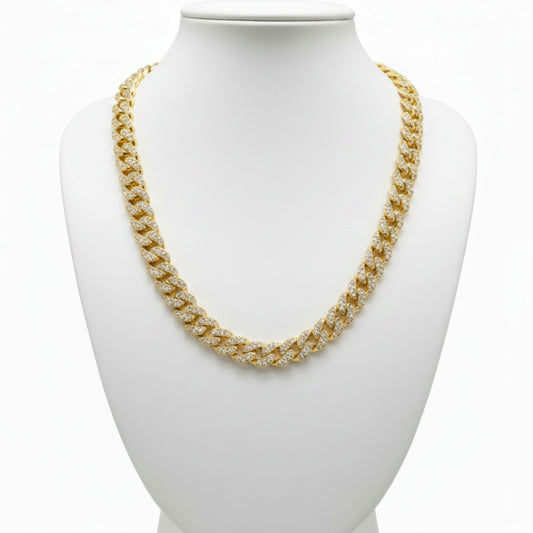 Cadena collar acero inoxidable dorado chapado oro 14ktes circonitas blancas engastadas diseño joyería osnor moda moderno elegante boda fiesta fashion glamour lujo. Joyeria Osnor