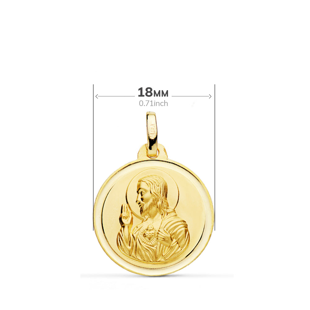 18K ESCAPULARIO ORO AMARILLO VIRGEN DE LOS DESAMPARADOS Y CORAZON JESUS 18 MM BISEL